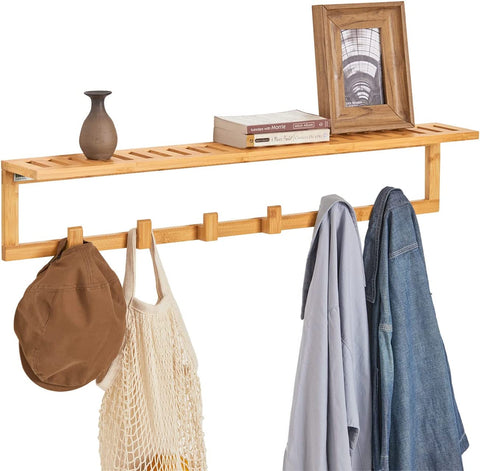 Rootz Bamboo Wall Mounted Coat Rack - Bathroom Wall Towel Rack Shelf with 6 Hooks