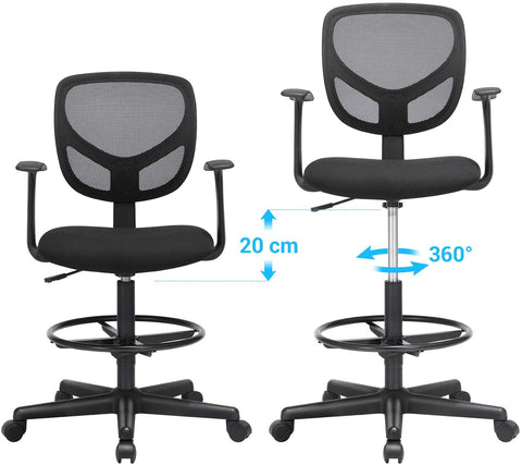 Rootz Office chair - Swivel chair - Work stool - Ergonomic - Armrests - Height Adjustable - Footrest - Black - Plastic - Fabric - 64 x 64 x 97-117 cm