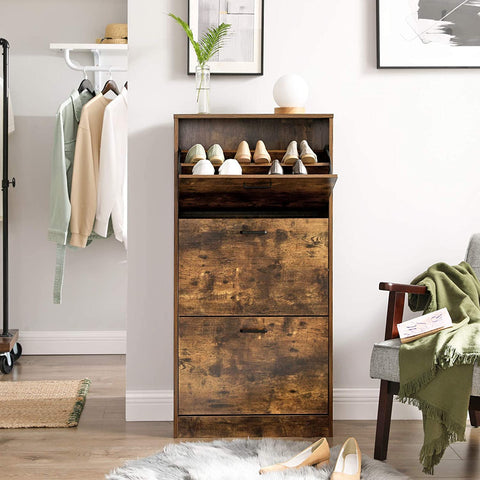 Rootz Shoe Cabinet - Organizer - 3 Hinged Doors - Brown - Processed Wood - 60 x 24 x 120 cm