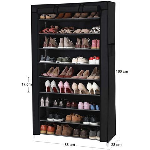 Rootz Shoe Rack - Shoe Cabinet - 10 Levels - Fabric - 40 Pairs of Shoes - Black - 88 x 28 x 160 cm