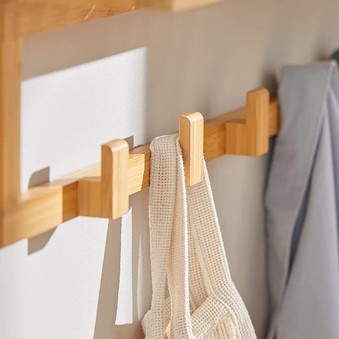 Rootz Bamboo Wall Mounted Coat Rack - Bathroom Wall Towel Rack Shelf with 6 Hooks