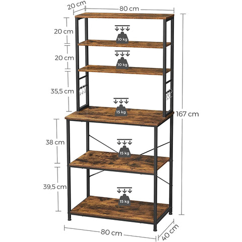 Rootz Kitchen Cabinet - Kitchen Rack - 6 Hooks - Metal - Industrial - Brown - Black - 80 x 40 x 167 cm
