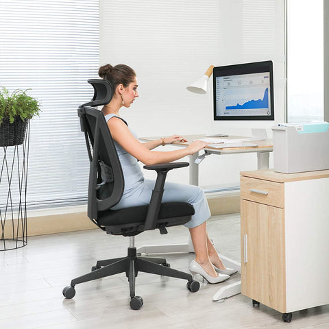 Rootz Office chair - Swivel chair - Headrest - Adjustable height - Rocker function - Lumbar support - Ergonomic - Black - Plastic - Mesh - 68.5 x 70 x (116-133) cm