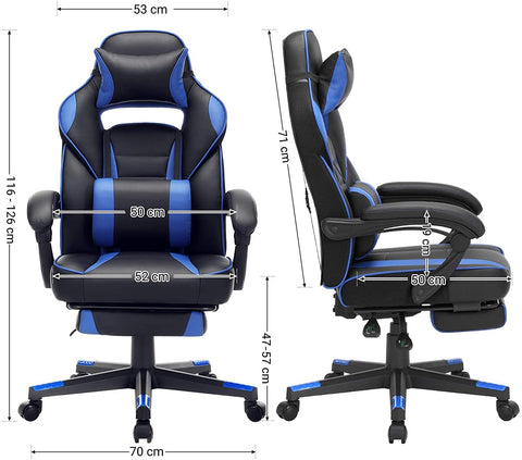 Rootz Office chair - Swivel chair - Leatherette - Footrest - Headrest - Lumbar cushion - Height Adjustable - Ergonomic - Black - Blue - 67 x 66 x (116-126) cm