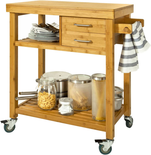 Rootz Bamboo Kitchen Trolley Cart - Storage Trolley Serving - Trolley with 2 Drawers and Shelves