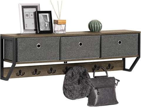 Rootz Wall Coat Rack Wall - Hallway Wall Shelf - Storage Cabinet with 3 Baskets 7 Hooks - W100 x D20 x H30cm