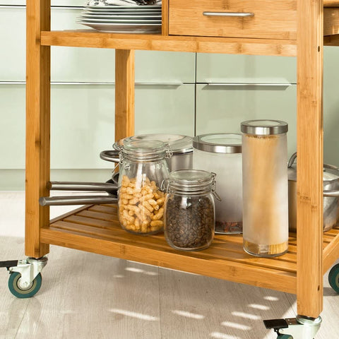Rootz Bamboo Kitchen Trolley Cart - Storage Trolley Serving - Trolley with 2 Drawers and Shelves