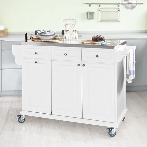 Rootz Luxury Kitchen Trolley with Large Storage Cabinet - Kitchen Island with Stainless Steel Worktop