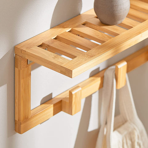 Rootz Bamboo Wall Mounted Coat Rack - Bathroom Wall Towel Rack Shelf with 6 Hooks
