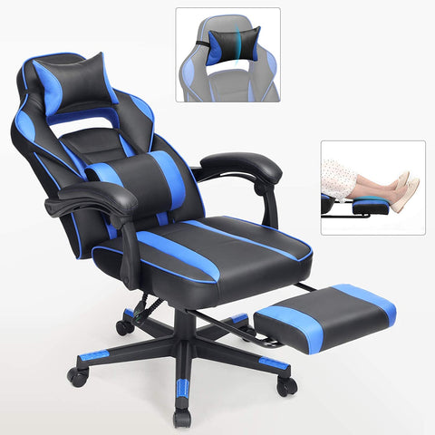 Rootz Office chair - Swivel chair - Leatherette - Footrest - Headrest - Lumbar cushion - Height Adjustable - Ergonomic - Black - Blue - 67 x 66 x (116-126) cm