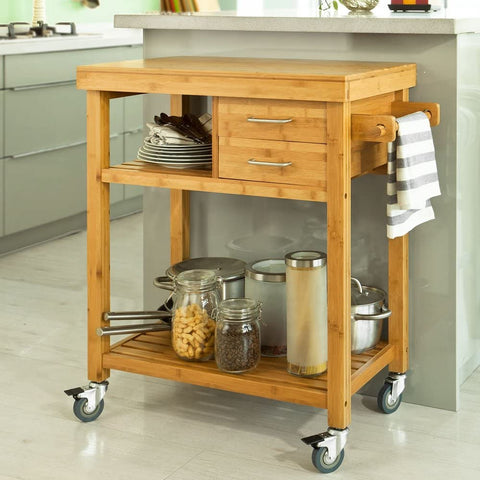 Rootz Bamboo Kitchen Trolley Cart - Storage Trolley Serving - Trolley with 2 Drawers and Shelves