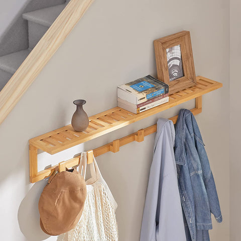 Rootz Bamboo Wall Mounted Coat Rack - Bathroom Wall Towel Rack Shelf with 6 Hooks