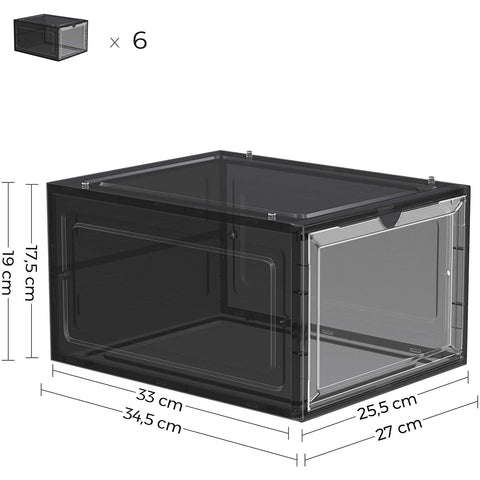 Rootz Set Of 6 Shoe Boxes - Shoe Storage - Shoes Organizer - Plastic - Transparent - Stackable - 27 x 34.5 x 19 cm - Shoes Up To Size 45