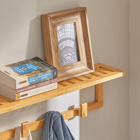 Rootz Bamboo Wall Mounted Coat Rack - Bathroom Wall Towel Rack Shelf with 6 Hooks