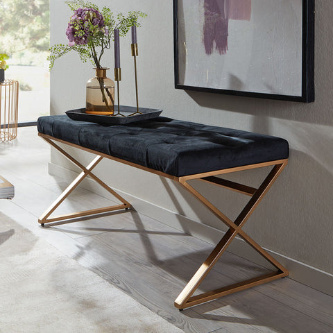 Rootz Bench - Upholstered Hallway Bench with Metal Frame - Chesterfield Design Bed Bench for Bedroom - Modern Hallway/Cloakroom Bench - Velvet Bench Black - 90x46x44 cm