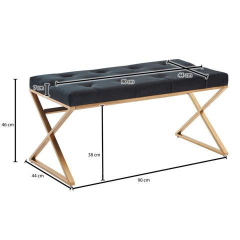 Rootz Bench - Upholstered Hallway Bench with Metal Frame - Chesterfield Design Bed Bench for Bedroom - Modern Hallway/Cloakroom Bench - Velvet Bench Black - 90x46x44 cm