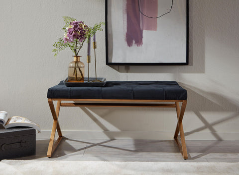 Rootz Bench - Upholstered Hallway Bench with Metal Frame - Chesterfield Design Bed Bench for Bedroom - Modern Hallway/Cloakroom Bench - Velvet Bench Black - 90x46x44 cm