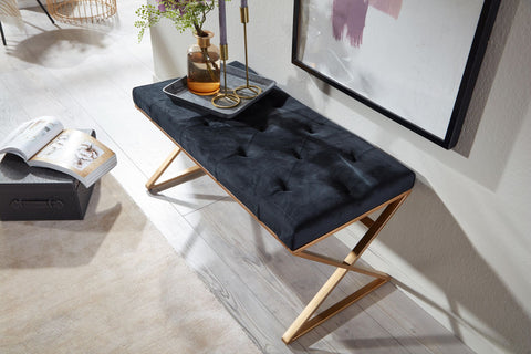 Rootz Bench - Upholstered Hallway Bench with Metal Frame - Chesterfield Design Bed Bench for Bedroom - Modern Hallway/Cloakroom Bench - Velvet Bench Black - 90x46x44 cm