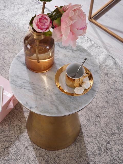 Rootz White Marble Side Table - Gold Metal Base - Round Small Coffee Table - Modern Living Room Furniture - High Coffee Table - 35x35x45 cm