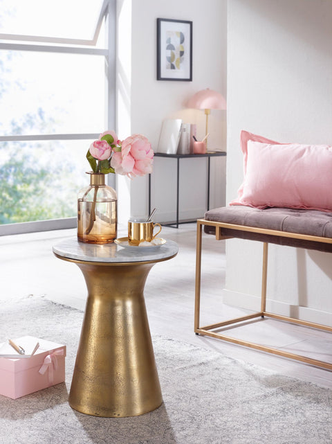 Rootz White Marble Side Table - Gold Metal Base - Round Small Coffee Table - Modern Living Room Furniture - High Coffee Table - 35x35x45 cm