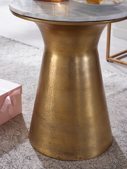 Rootz White Marble Side Table - Gold Metal Base - Round Small Coffee Table - Modern Living Room Furniture - High Coffee Table - 35x35x45 cm