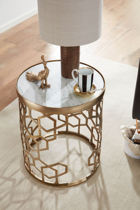 Rootz White Marble Side Table - Gold Metal Design - Round Small Coffee Table - Modern Living Room Table - High Coffee Table - 46x46x55 cm