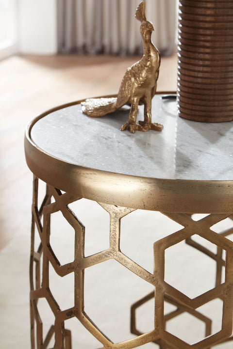 Rootz White Marble Side Table - Gold Metal Design - Round Small Coffee Table - Modern Living Room Table - High Coffee Table - 46x46x55 cm