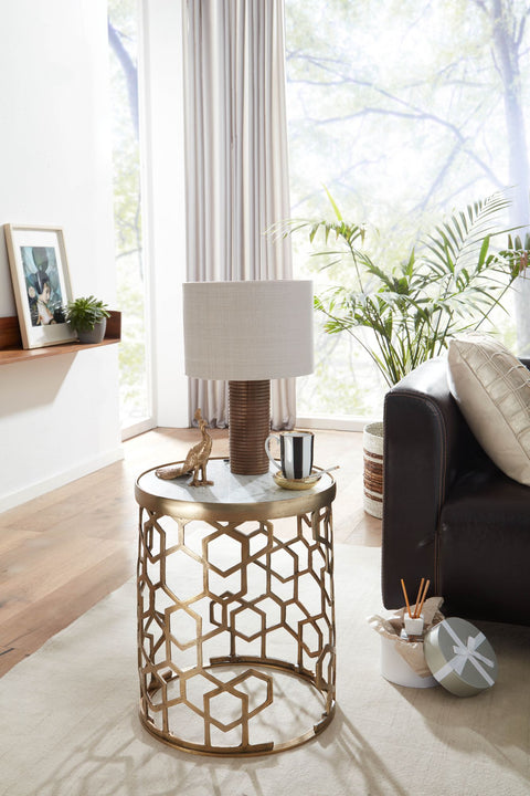 Rootz White Marble Side Table - Gold Metal Design - Round Small Coffee Table - Modern Living Room Table - High Coffee Table - 46x46x55 cm