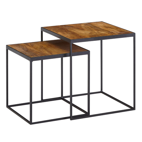 Rootz Living Room Table Set - 2-Piece Metal Side Table & Industrial Design Square Coffee Table - Square Side Table - Nesting Table Placemat - Mango Solid Wood