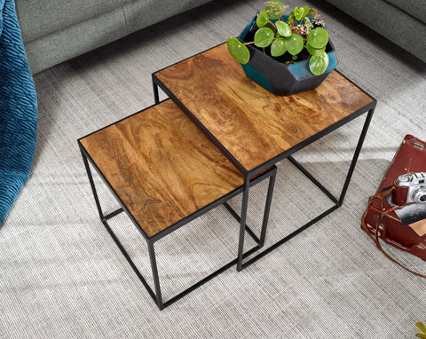 Rootz Living Room Table Set - 2-Piece Metal Side Table & Industrial Design Square Coffee Table - Square Side Table - Nesting Table Placemat - Mango Solid Wood