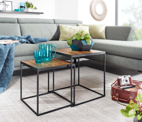 Rootz Living Room Table Set - 2-Piece Metal Side Table & Industrial Design Square Coffee Table - Square Side Table - Nesting Table Placemat - Mango Solid Wood
