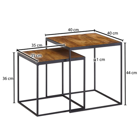 Rootz Living Room Table Set - 2-Piece Metal Side Table & Industrial Design Square Coffee Table - Square Side Table - Nesting Table Placemat - Mango Solid Wood