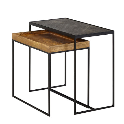 Rootz 2-Piece Living Room Table Set - Stone Side Table & Industrial Design Rectangular Coffee Table - Square Side Table - Nesting Table Placemat - Mango Solid Wood