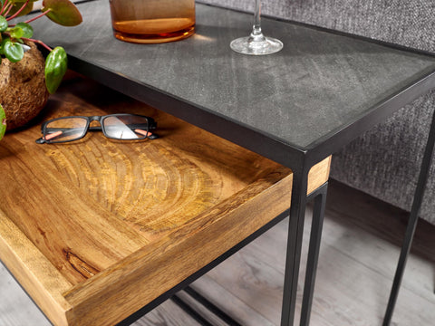 Rootz 2-Piece Living Room Table Set - Stone Side Table & Industrial Design Rectangular Coffee Table - Square Side Table - Nesting Table Placemat - Mango Solid Wood