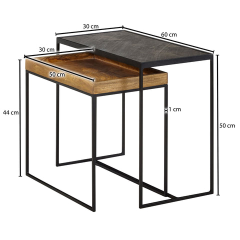 Rootz 2-Piece Living Room Table Set - Stone Side Table & Industrial Design Rectangular Coffee Table - Square Side Table - Nesting Table Placemat - Mango Solid Wood