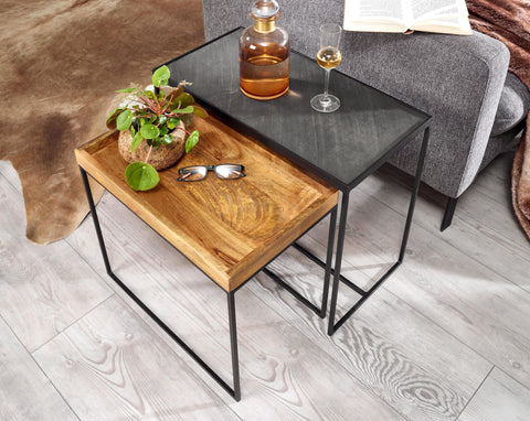 Rootz 2-Piece Living Room Table Set - Stone Side Table & Industrial Design Rectangular Coffee Table - Square Side Table - Nesting Table Placemat - Mango Solid Wood