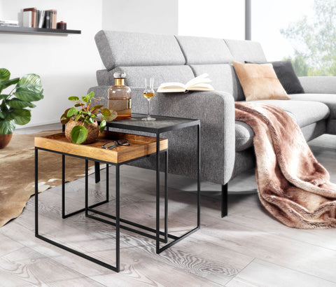 Rootz 2-Piece Living Room Table Set - Stone Side Table & Industrial Design Rectangular Coffee Table - Square Side Table - Nesting Table Placemat - Mango Solid Wood
