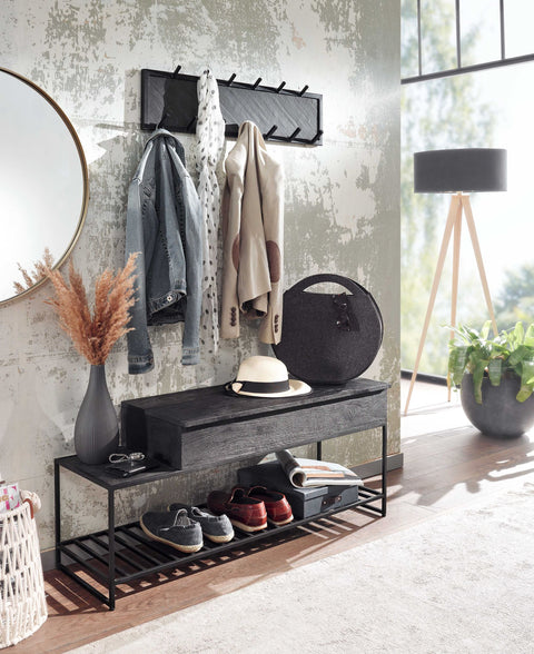 Rootz Bench with Wall Wardrobe - Industrial Design Wardrobe Set for Hallway - Storage Bench with Shoe Rack - Hall Bench with Seat - Mango Wood - Black - 110 cm