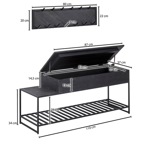 Rootz Bench with Wall Wardrobe - Industrial Design Wardrobe Set for Hallway - Storage Bench with Shoe Rack - Hall Bench with Seat - Mango Wood - Black - 110 cm