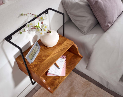 Rootz Bedside Table - Wall Mounted - Nightstand with Shelf - Floating Wall Board for Box Spring Bed - Hanging Wall Console - Solid Mango Wood - 44x45x35 cm