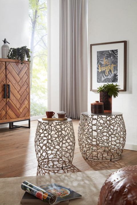 Rootz Side Table Set - 2 Piece Nesting Tables - Modern Design with Branch Structure - Living Room Coffee Table - Aluminum Silver