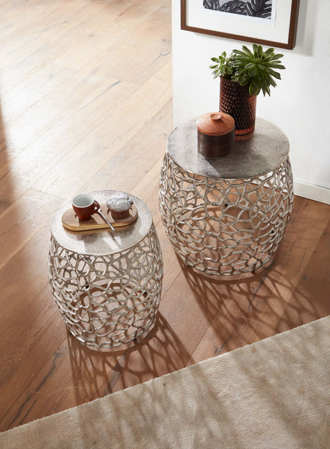 Rootz Side Table Set - 2 Piece Nesting Tables - Modern Design with Branch Structure - Living Room Coffee Table - Aluminum Silver