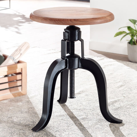 Rootz Swivel Stool - Round Industrial Standing Stool - Small Modern Bar Stool - Solid Acacia Wood - Black Metal - Adjustable Height - 39x62.5x39 cm