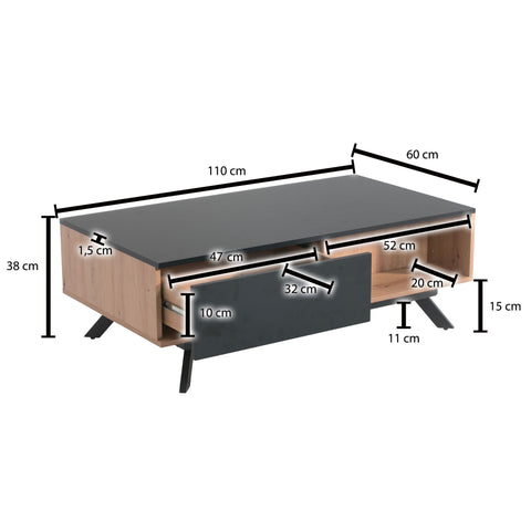 Rootz Coffee Table - Rectangular Living Room Table - Coffee Table with Storage and Drawers - Modern Table with Metal Legs - Oak Decor - Black MDF - 110x60x38 cm