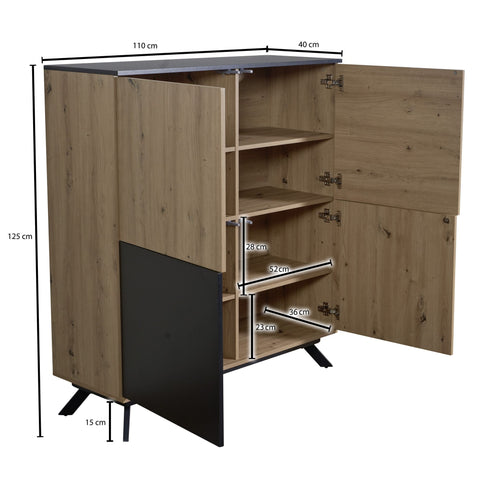 Rootz Highboard 4-Door Chest of Drawers - Modern Hall Cabinet - Freestanding Sideboard with Metal Legs - Black MDF - Oak Decor - 110x125x40 cm v