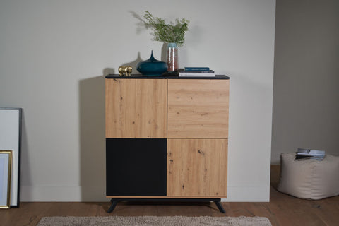 Rootz Highboard 4-Door Chest of Drawers - Modern Hall Cabinet - Freestanding Sideboard with Metal Legs - Black MDF - Oak Decor - 110x125x40 cm v