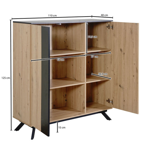 Rootz Highboard - Oak Decor with Black MDF - Modern Freestanding Sideboard with 2 Doors and Shelf - Metal Legs - 110x125x40 cm