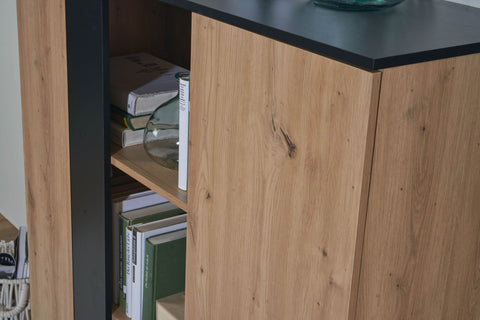 Rootz Highboard - Oak Decor with Black MDF - Modern Freestanding Sideboard with 2 Doors and Shelf - Metal Legs - 110x125x40 cm
