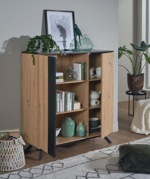 Rootz Highboard - Oak Decor with Black MDF - Modern Freestanding Sideboard with 2 Doors and Shelf - Metal Legs - 110x125x40 cm