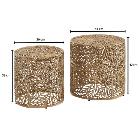 Rootz Nesting Tables - Set of 2 - Gold Aluminum - Modern Design with Flower Pattern - Metal Round Coffee Table for Living Room
